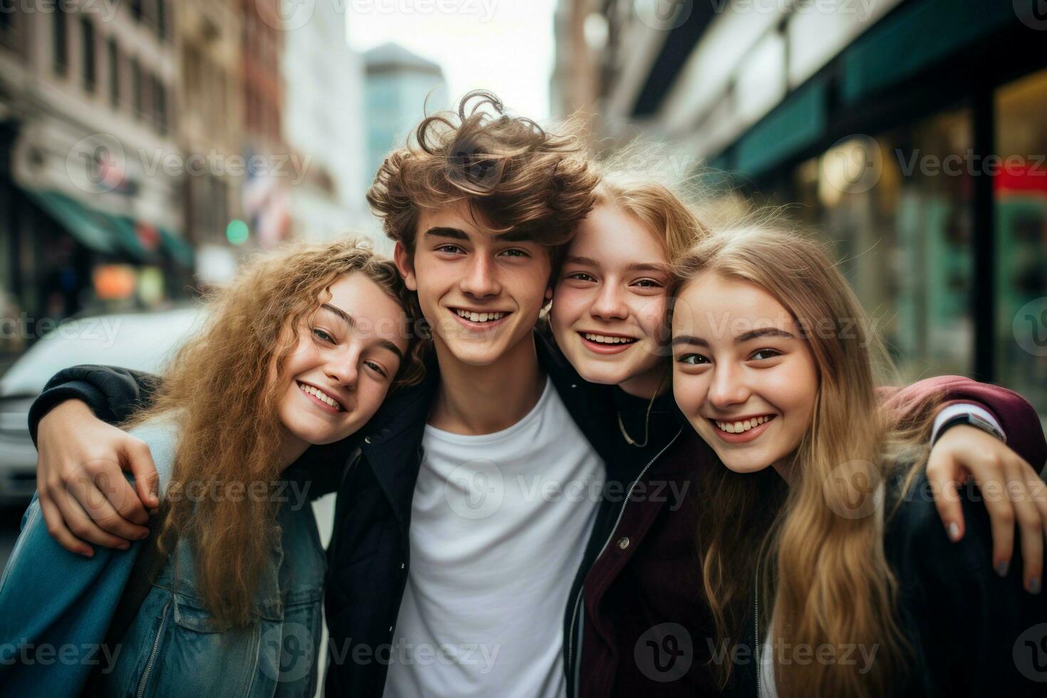 feliz adolescentes posando em cidade rua. gerar ai foto