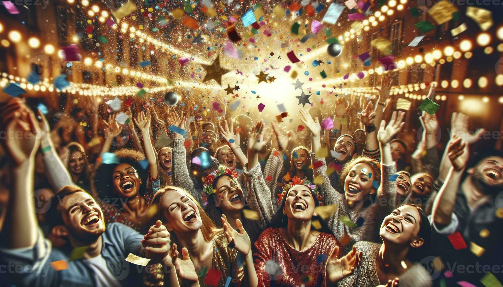 uma festivo celebração Onde colorida confete chuvas abaixo, com pessoas desfrutando a cintilante espetáculo. ai generativo foto