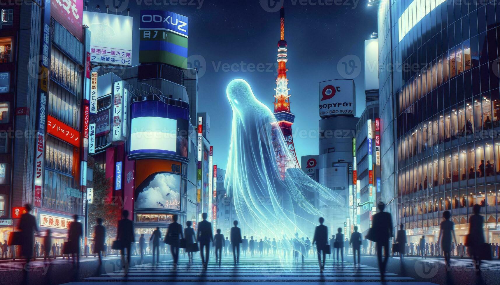uma espectral figura deriva através a iluminado por neon ruas do shibuya, com Tóquio torre em pé alta dentro a fundo. ai generativo foto