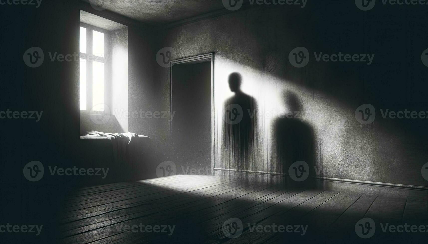 uma estilo de foto representação do uma vagamente aceso quarto Onde uma espectral figura parece entre a sombras, representando a intangível natureza do depressão. ai gerado