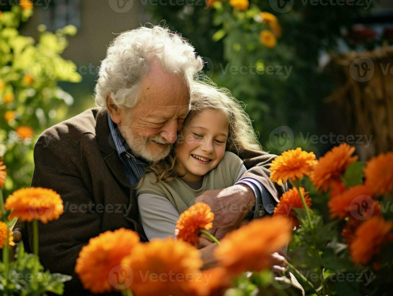 avô e pequeno neta pose alegremente entre flores generativo ai foto