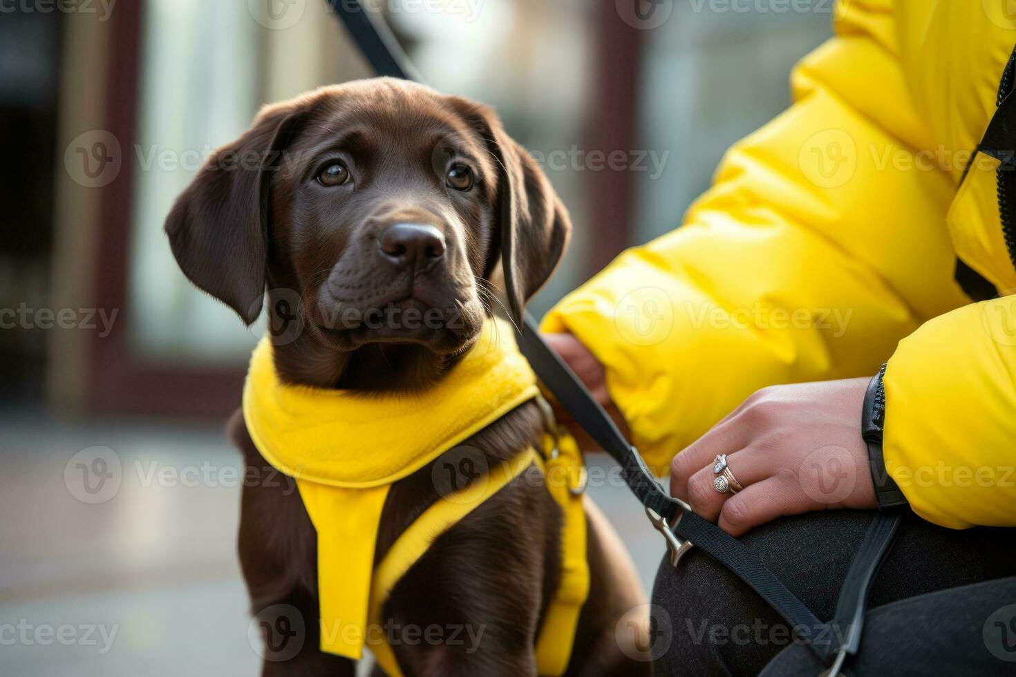 uma guia cachorro ajuda uma cego homem em a rua generativo ai foto