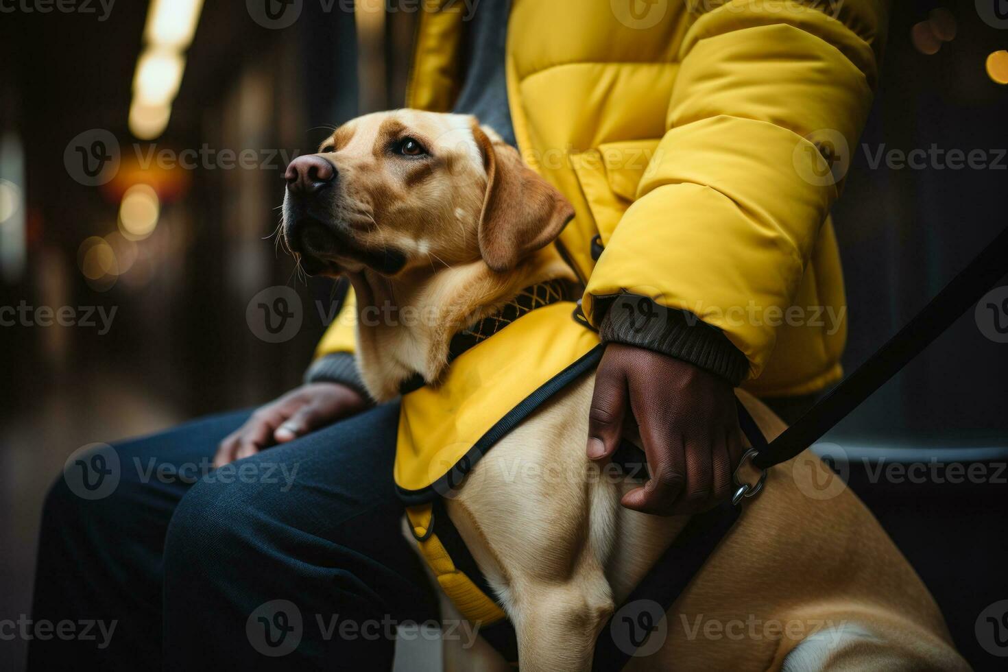 guia cachorro dentro uma amarelo colete em a rua com Está proprietário generativo ai foto