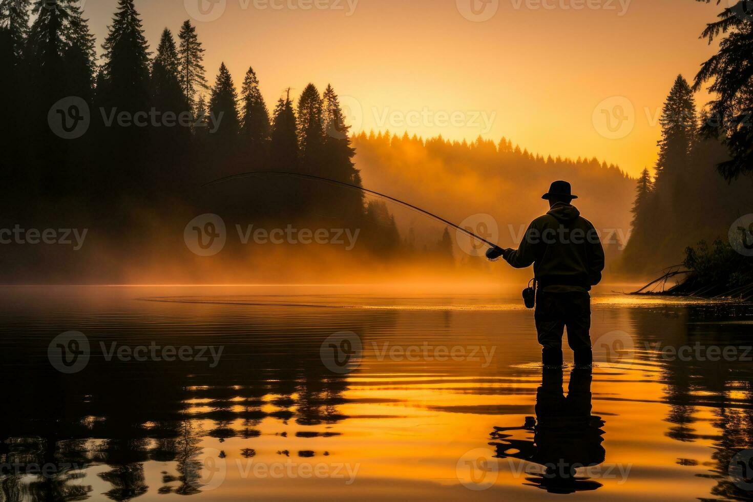 silhueta do uma pescador em a tarde rio e com a luz do a configuração Sol ai generativo foto