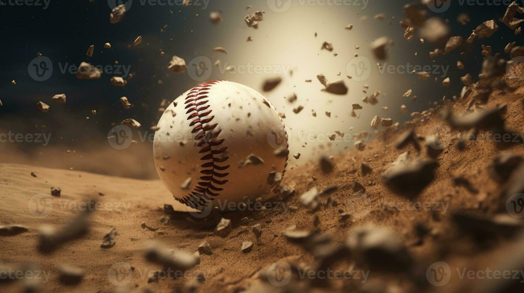 generativo ai, beisebol bola dentro seco areia explosão, em a jarros monte foto