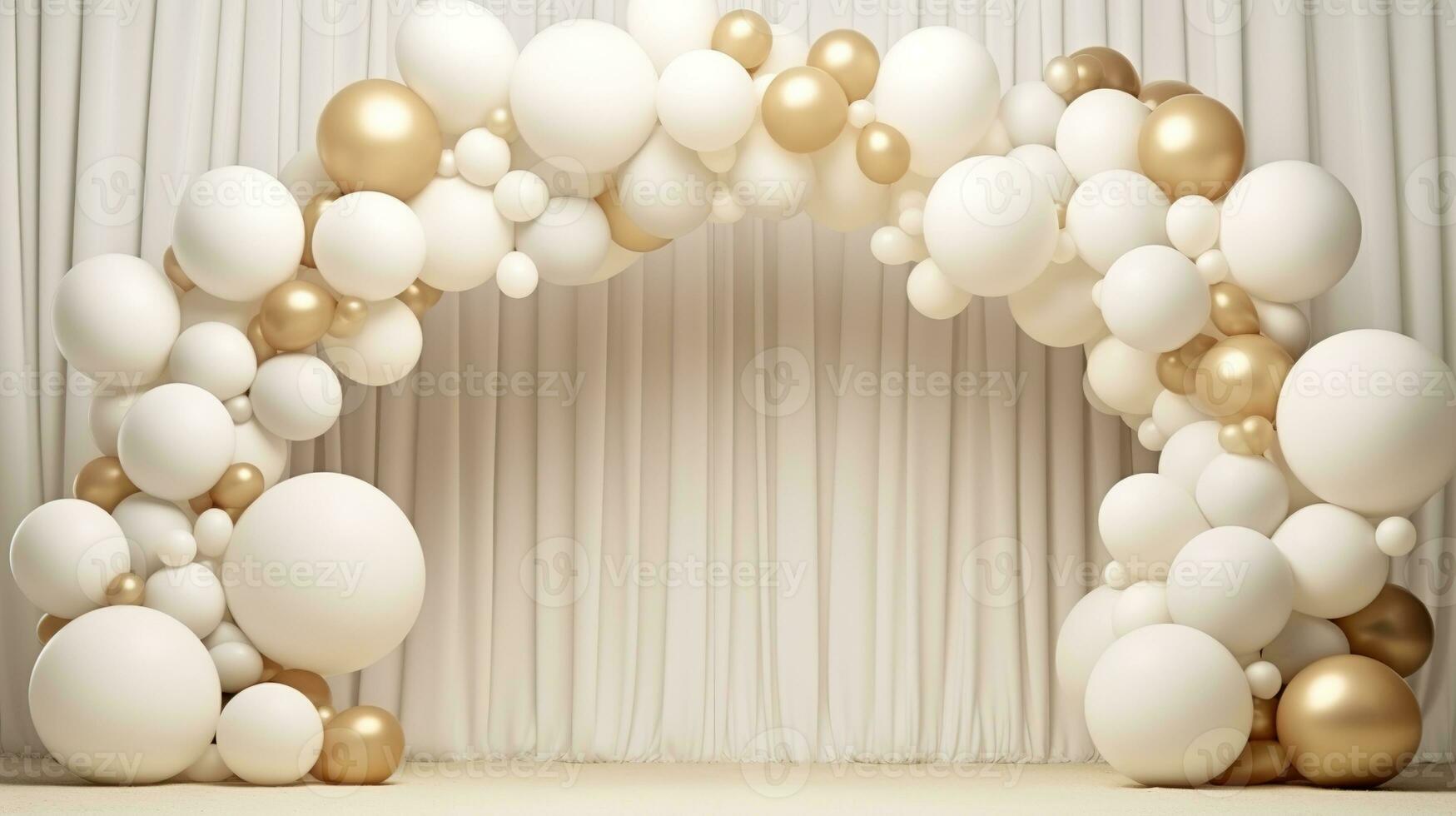 generativo ai, arco do branco e dourado balões. zombar acima para casamento, Natal ou de outros feriado 3d fundo foto