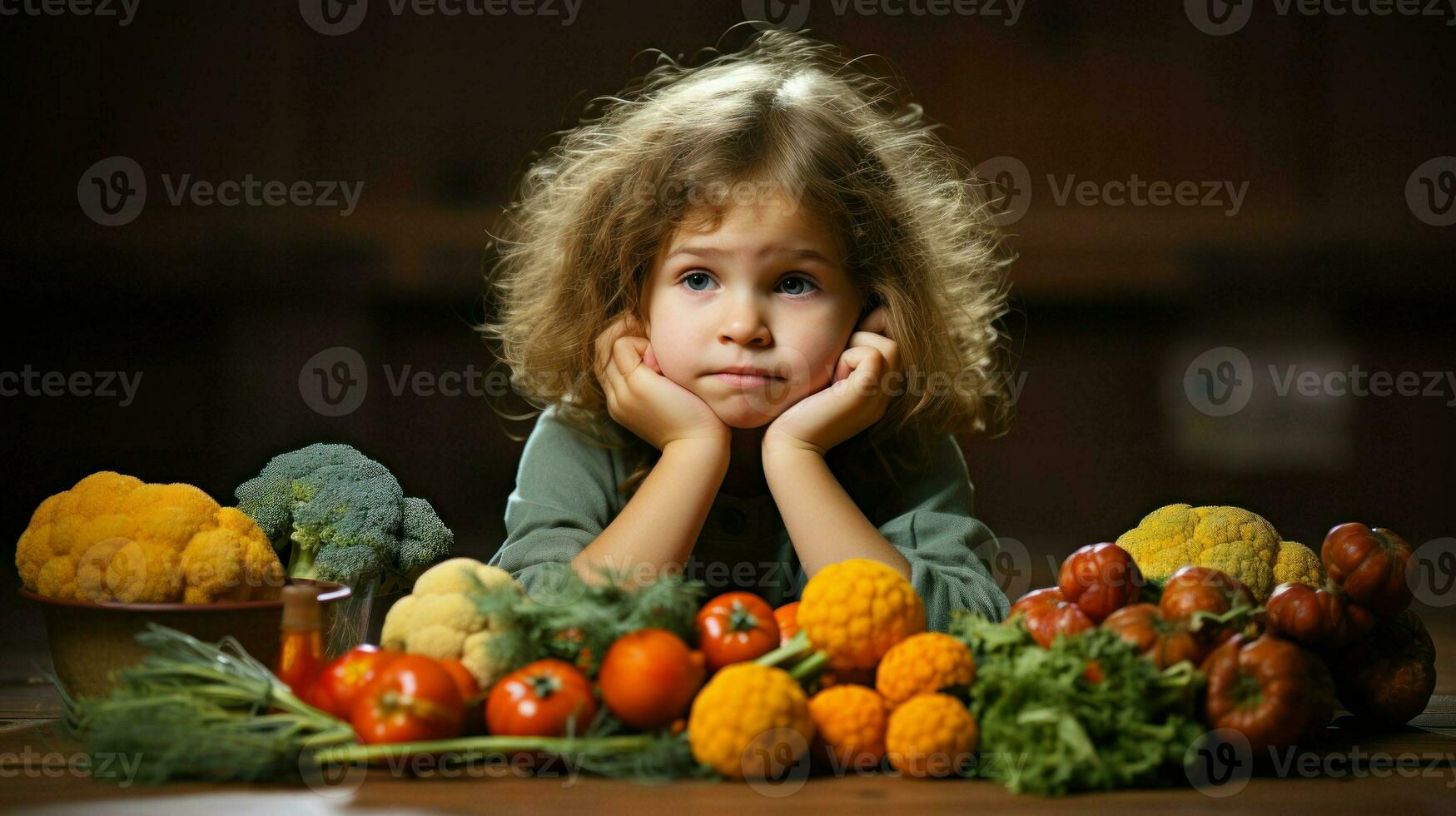 uma pequeno menina ponderando no meio uma vegetal espalhar. generativo ai foto