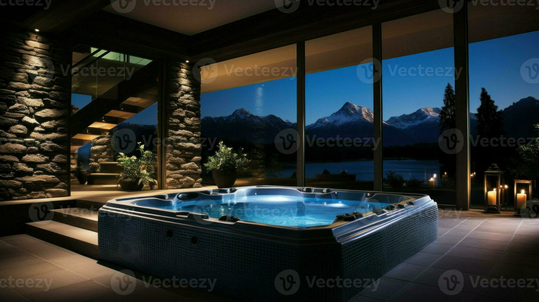 luxo ao ar livre spa configuração às noite, exibindo uma quente banheira com ambiente iluminação.. generativo ai foto