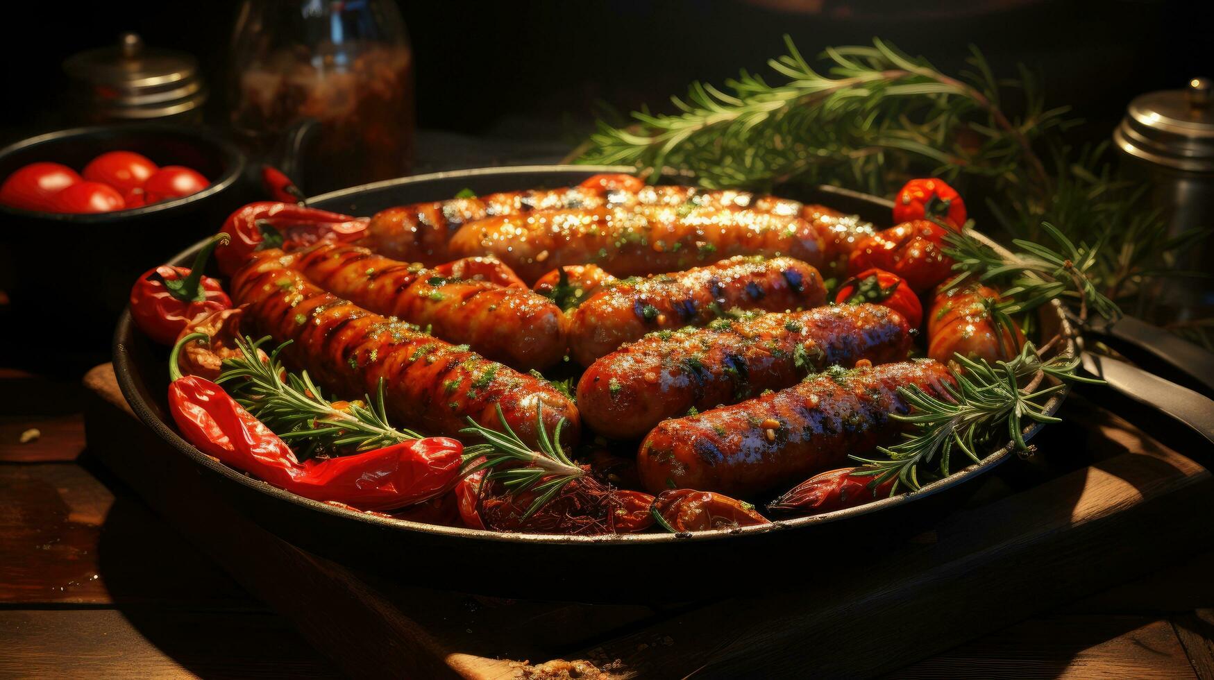 delicioso grelhado salsichas com tomates dentro uma fritar panela foto