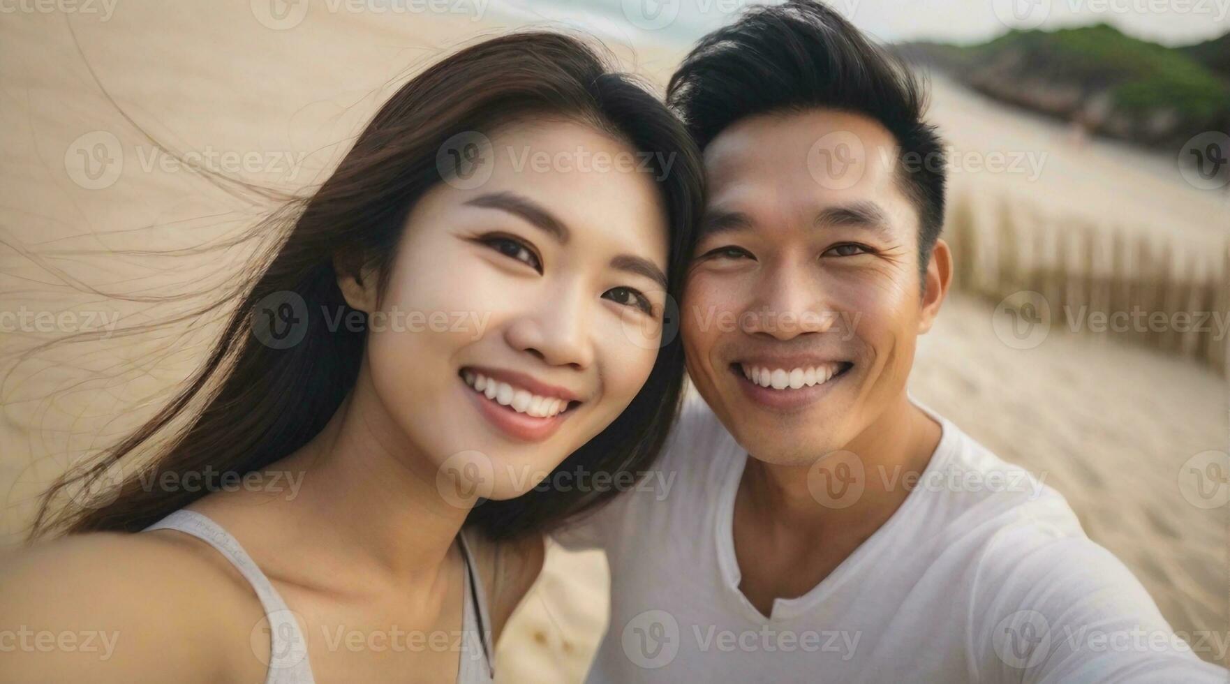 selfie do uma feliz ásia casal contra de praia ambiente fundo, fundo imagem, ai gerado foto