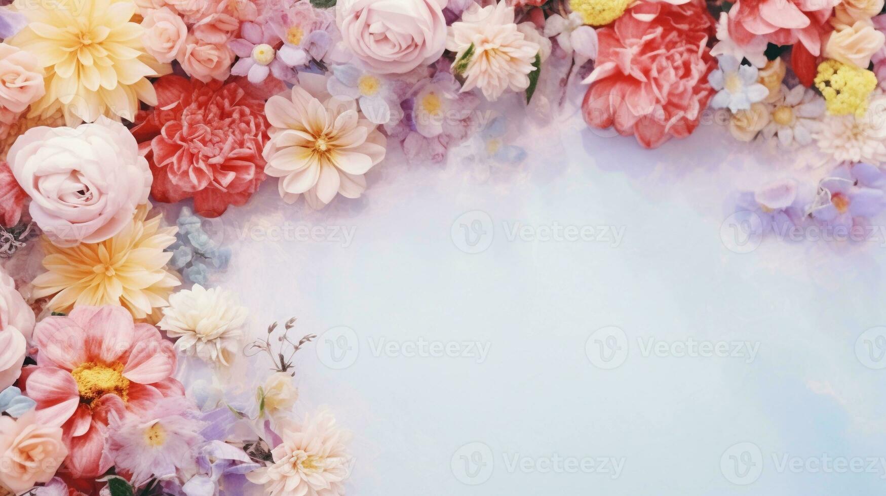 espaço para texto em suave pastel fundo cercado de colorida flores, fundo imagem, ai gerado foto