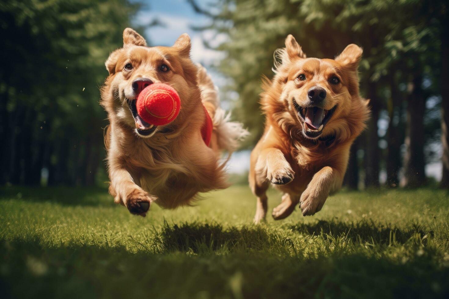 dois dourado retriever cachorros corrida e jogando com bola dentro a parque, dois cachorros corrida com vermelho bola dentro boca em verde Relva dentro parque, ai gerado foto