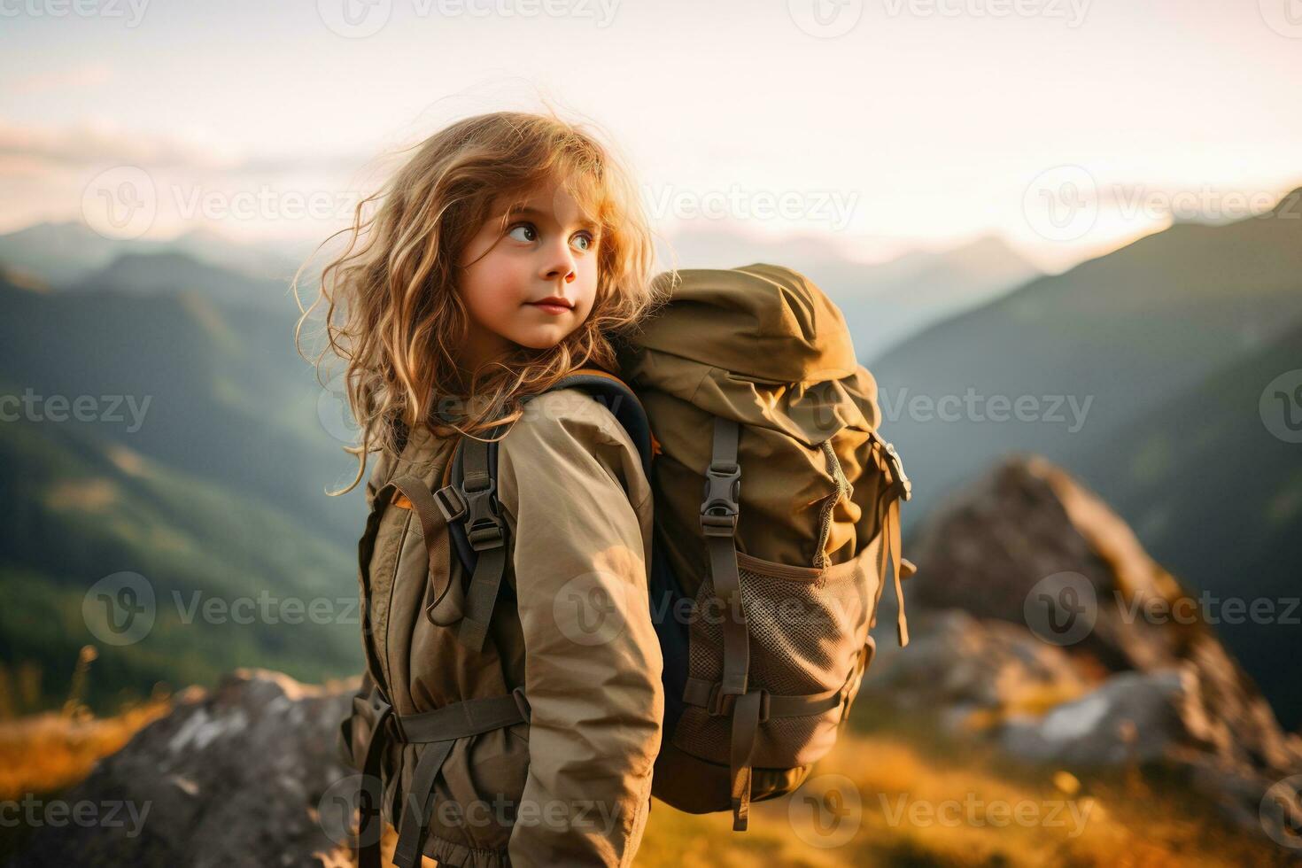 pequeno menina com mochila caminhada em montanha pico às pôr do sol, viagem e aventura conceito ai gerado foto