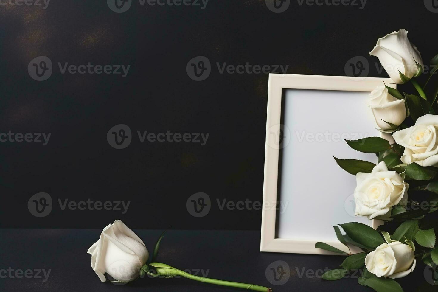branco rosas com fita e foto quadro, Armação em Preto plano de fundo.funeral conceito ai gerado