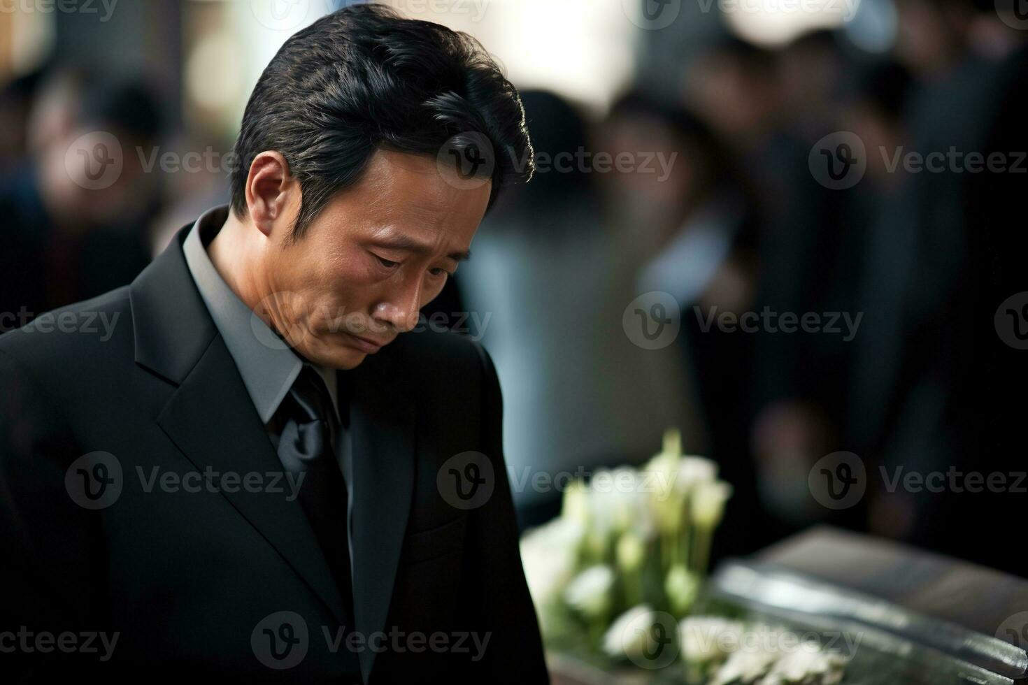 idosos ásia homem com velório tristeza e flores dentro Igreja ai gerado foto