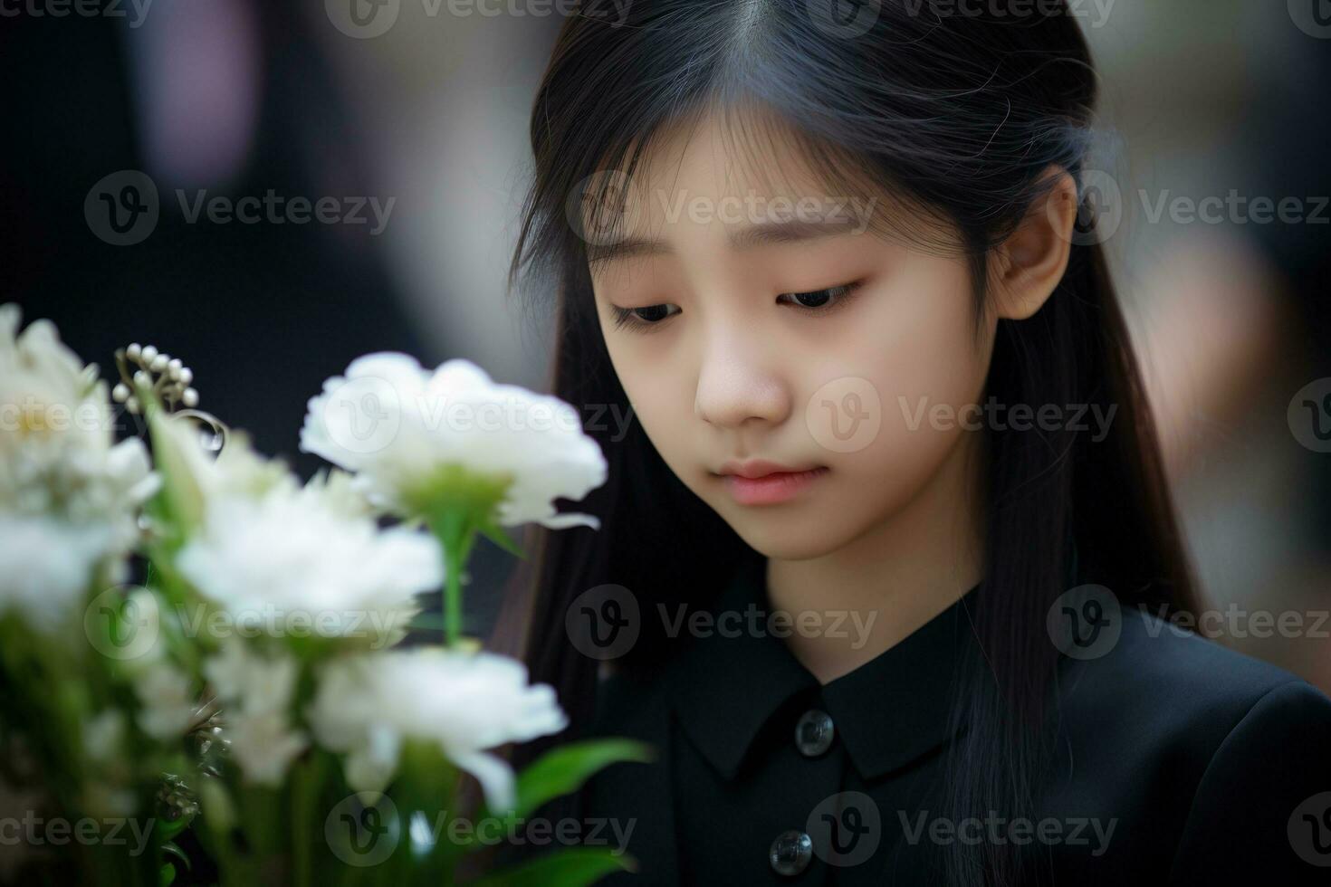 retrato do uma pequeno ásia menina com dentro a cemitério, funeral conceito ai gerado foto