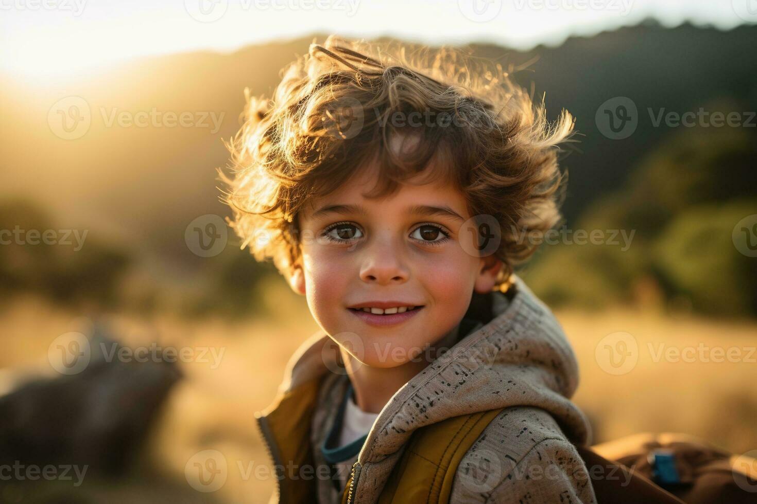 retrato do uma fofa Garoto olhando às Câmera enquanto perto dele barraca dentro natureza ai gerado foto