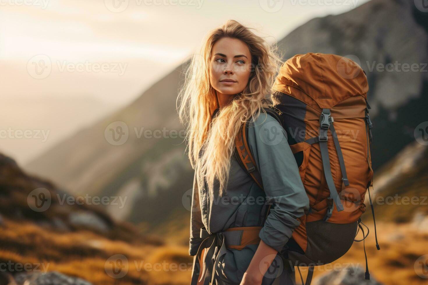 lindo mulher caminhante com mochila caminhada dentro a montanhas às pôr do sol ai gerado foto