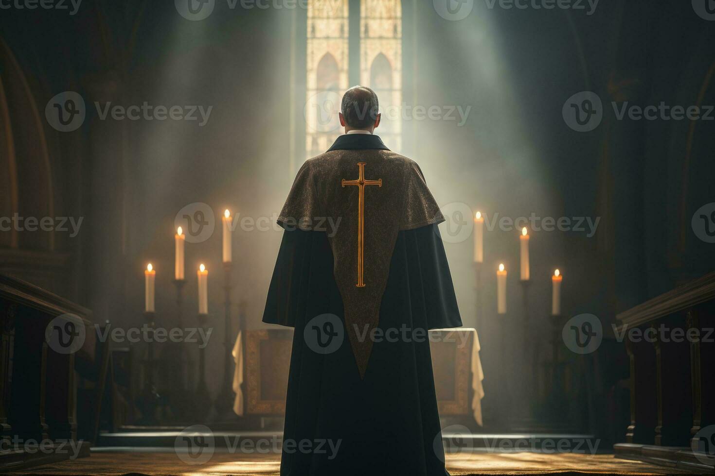 traseiro Visão do sacerdote olhando às Igreja interior. religião conceito. ai gerado foto