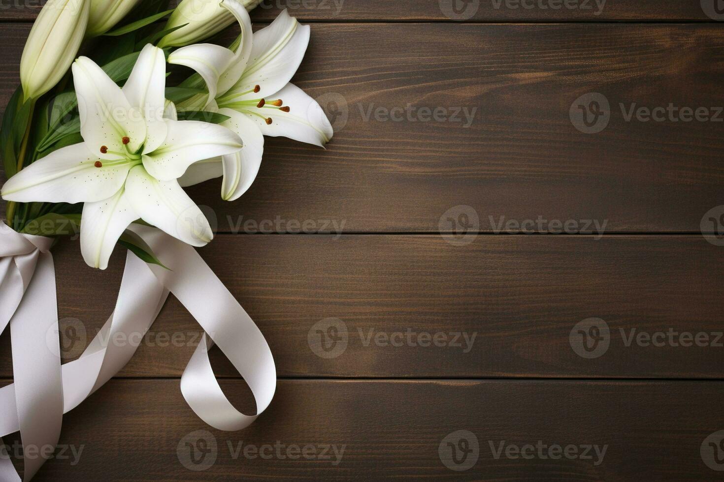 branco lírio flores em de madeira fundo. topo Visão com cópia de espaço.funeral conceito ai gerado foto