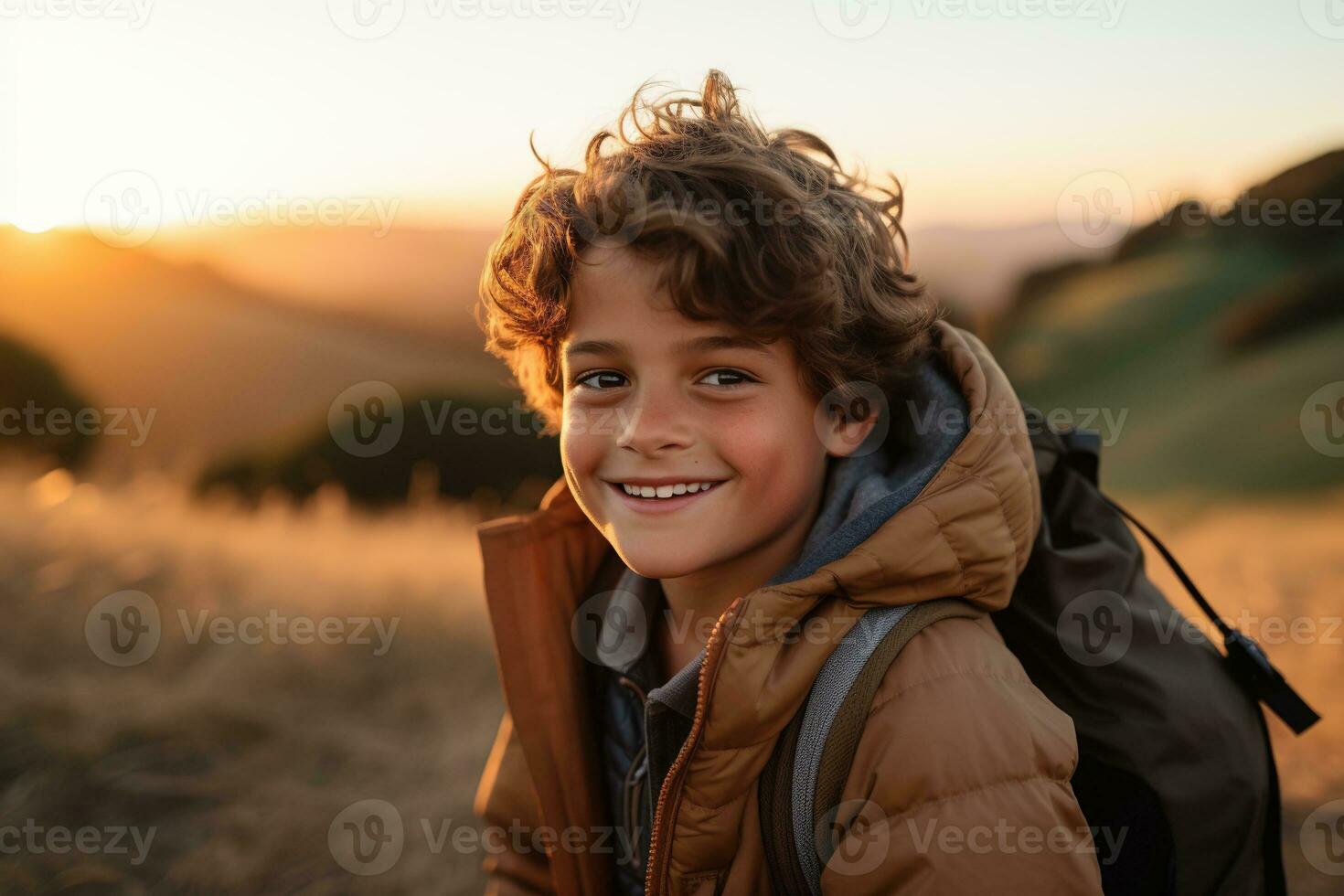 retrato do uma fofa Garoto olhando às Câmera enquanto perto dele barraca dentro natureza ai gerado foto