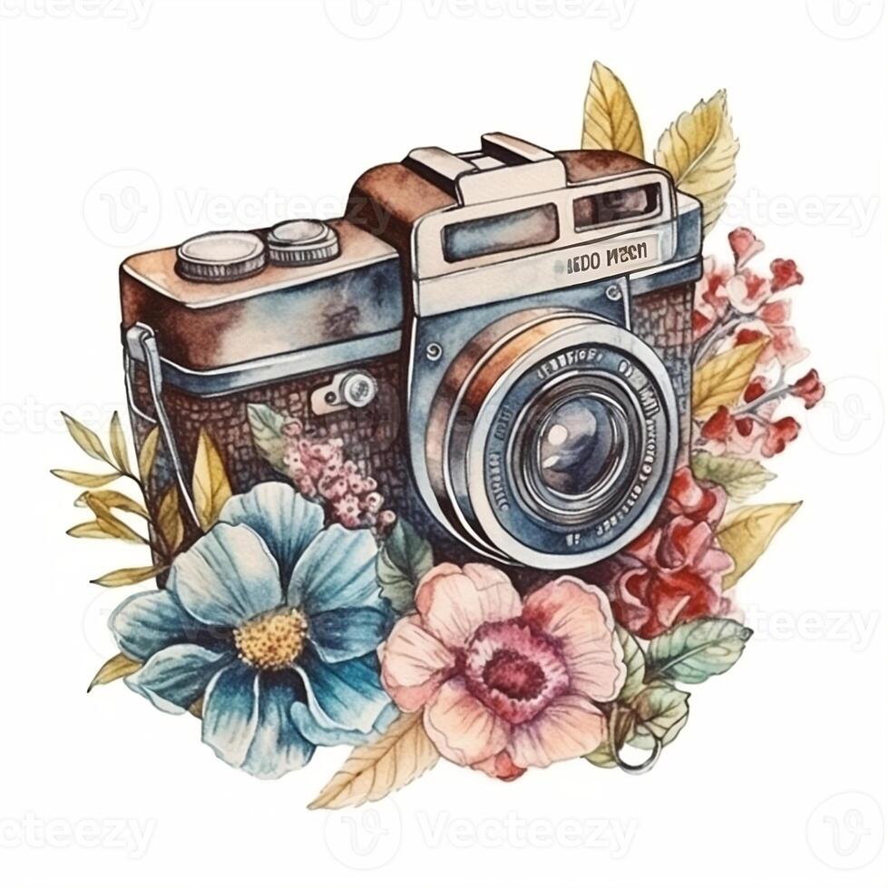 aguarela foto Câmera com flores esboço estilo ilustração, mão empate, rabisco, retrô, vintage. ícone, logotipo, imprimir, sublimação, clipart. ai gerado