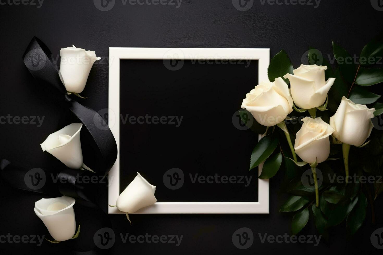 branco rosas com fita e foto quadro, Armação em Preto plano de fundo.funeral conceito ai gerado