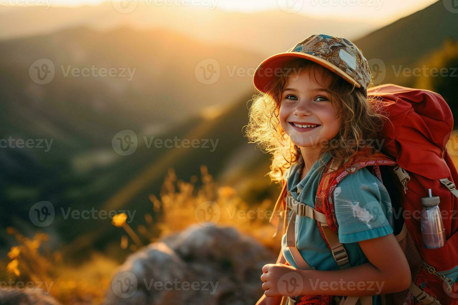 pequeno menina com mochila caminhada em montanha pico às pôr do sol, viagem e aventura conceito ai gerado foto