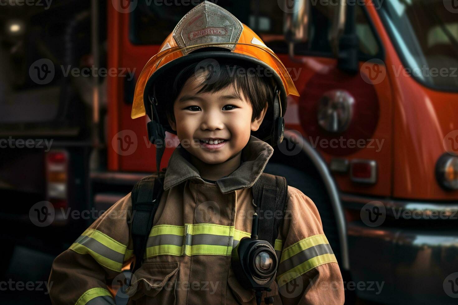 retrato do fofa pequeno Garoto vestindo bombeiro uniforme dentro a fogo departamento ai gerado foto