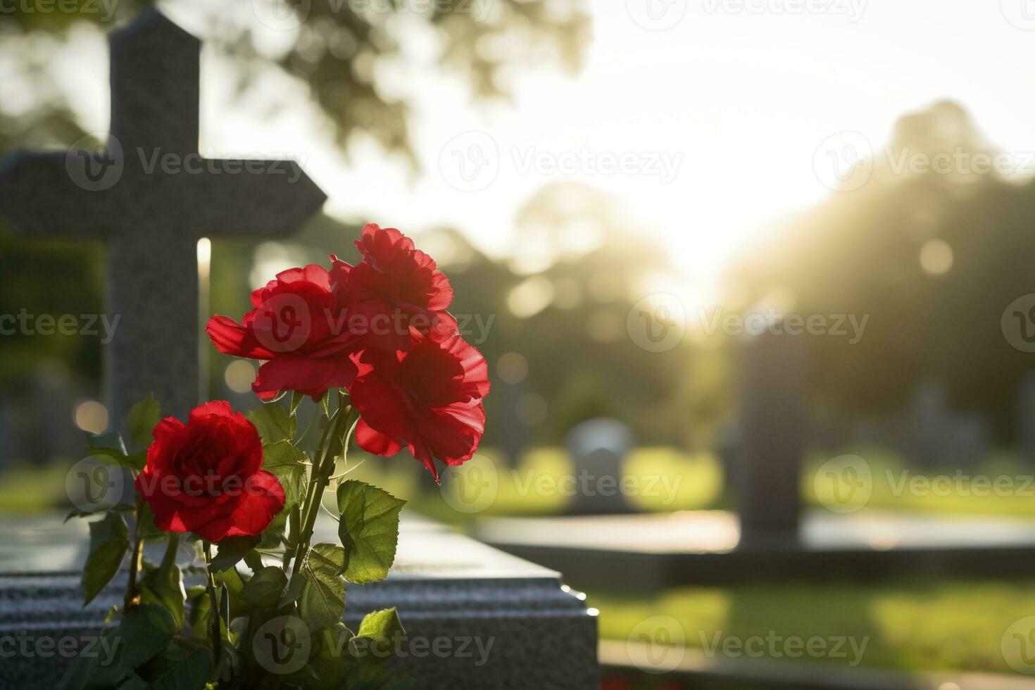 vermelho rosas em uma sepultura às uma cemitério durante a pôr do sol com cópia de espaço ai gerado foto