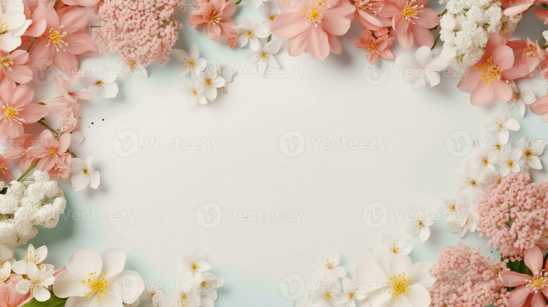 espaço para texto em pastel fundo cercado de Primavera árvores e florais a partir de topo visualizar, fundo imagem, ai gerado foto