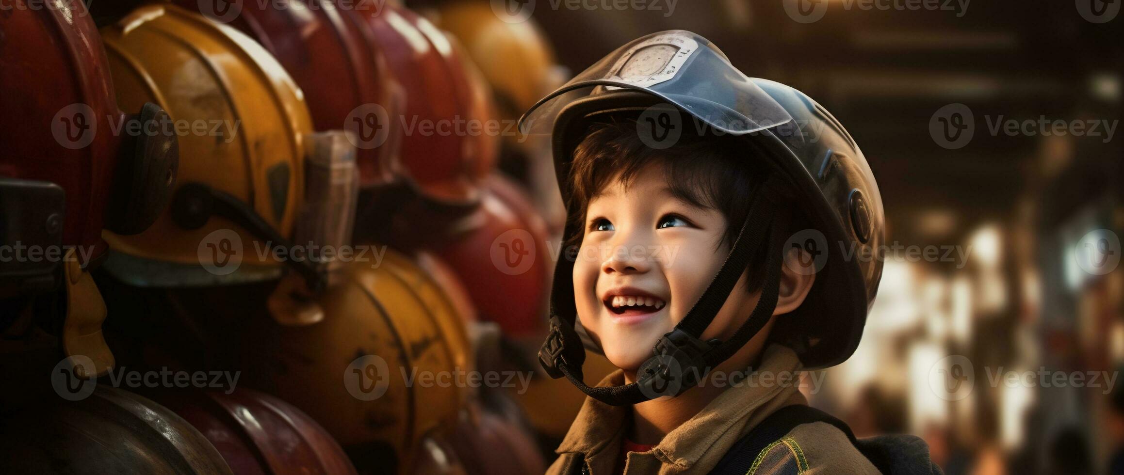 retrato do feliz ásia Garoto vestindo bombeiro uniforme com fogo caminhão dentro fundo ai gerado foto