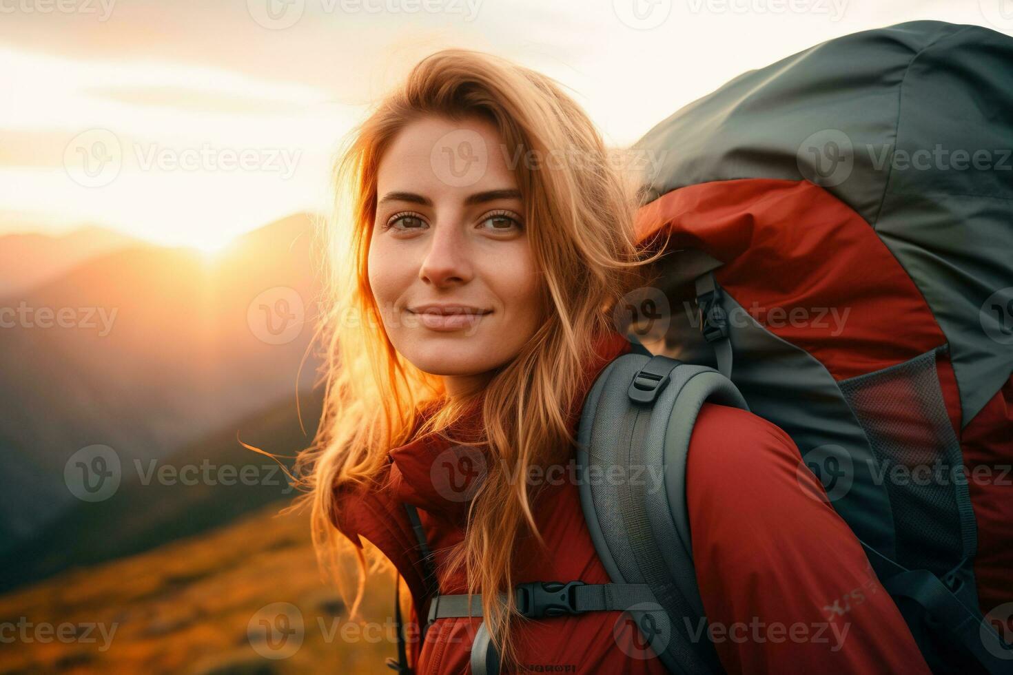 lindo mulher caminhante com mochila caminhada dentro a montanhas às pôr do sol ai gerado foto