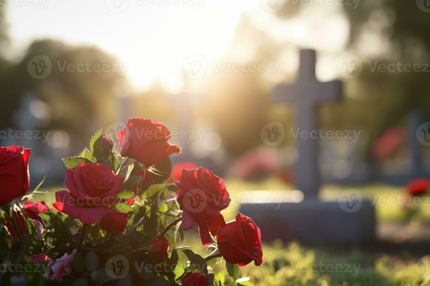 vermelho rosas em uma sepultura às uma cemitério durante a pôr do sol com cópia de espaço ai gerado foto