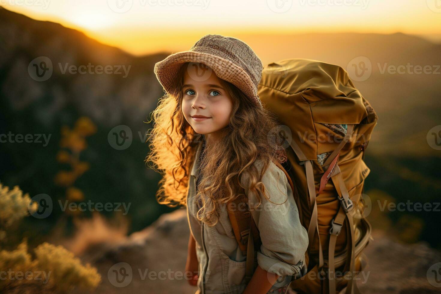 pequeno menina com mochila caminhada em montanha pico às pôr do sol, viagem e aventura conceito ai gerado foto