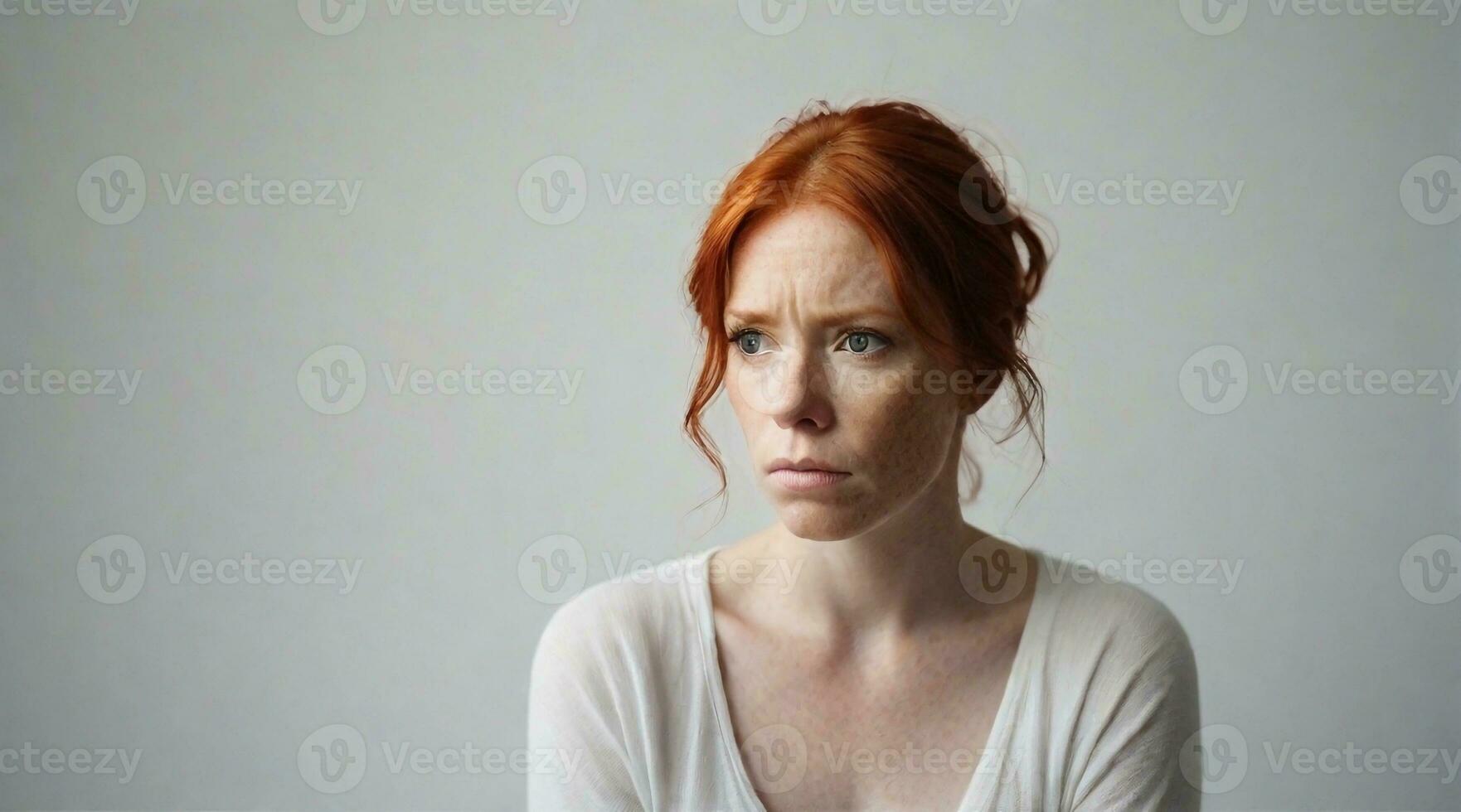 retrato do uma vermelho cabelo mulher com uma profundo triste expressão contra branco fundo, fundo imagem, ai gerado foto