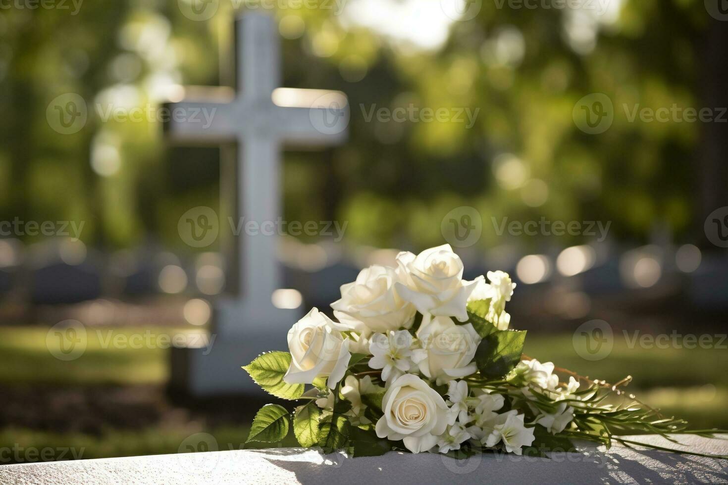 branco flores dentro frente do uma lápide às uma cemitério com pôr do sol.funeral conceito ai gerado foto