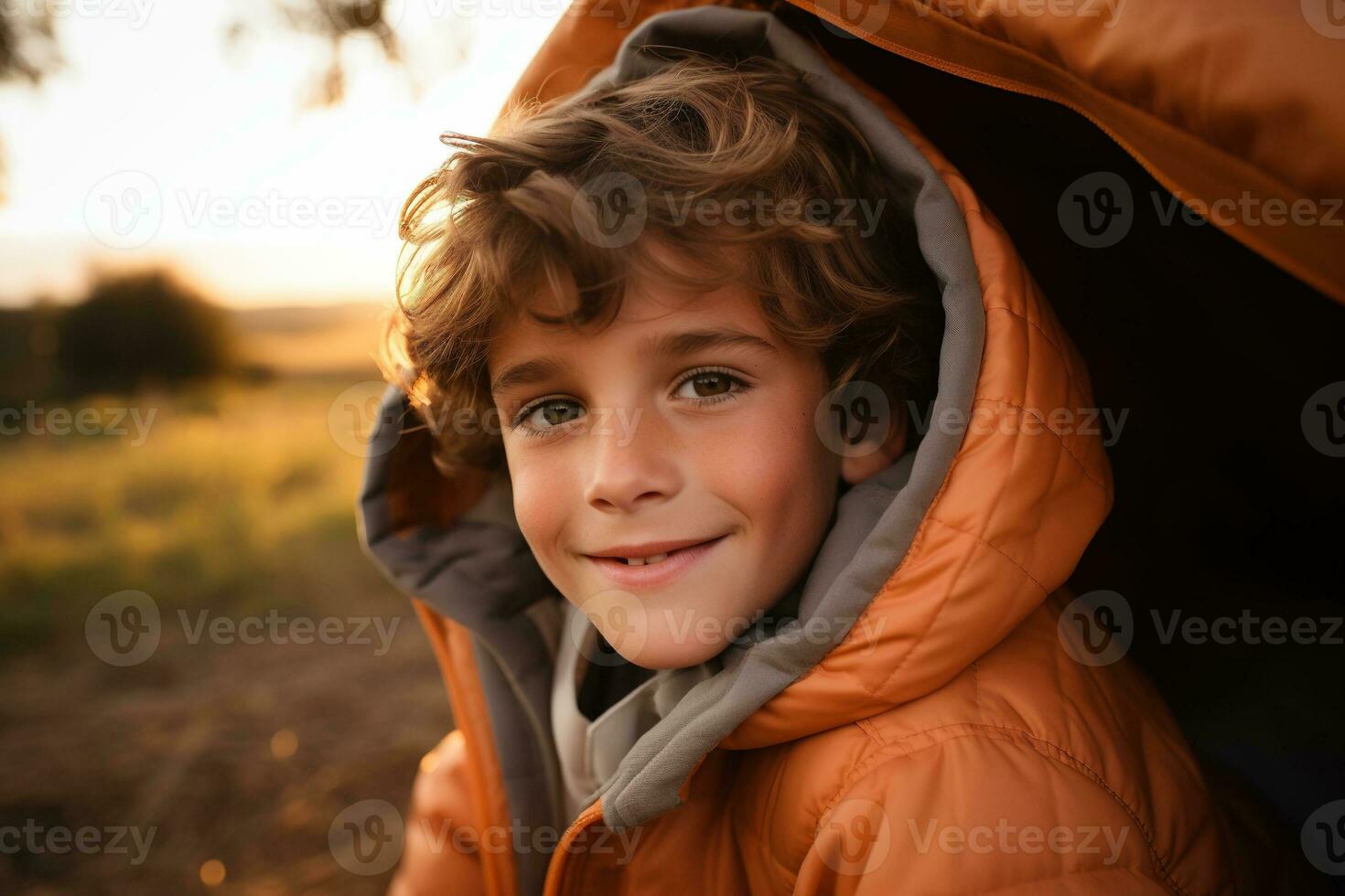 retrato do uma fofa Garoto olhando às Câmera enquanto perto dele barraca dentro natureza ai gerado foto