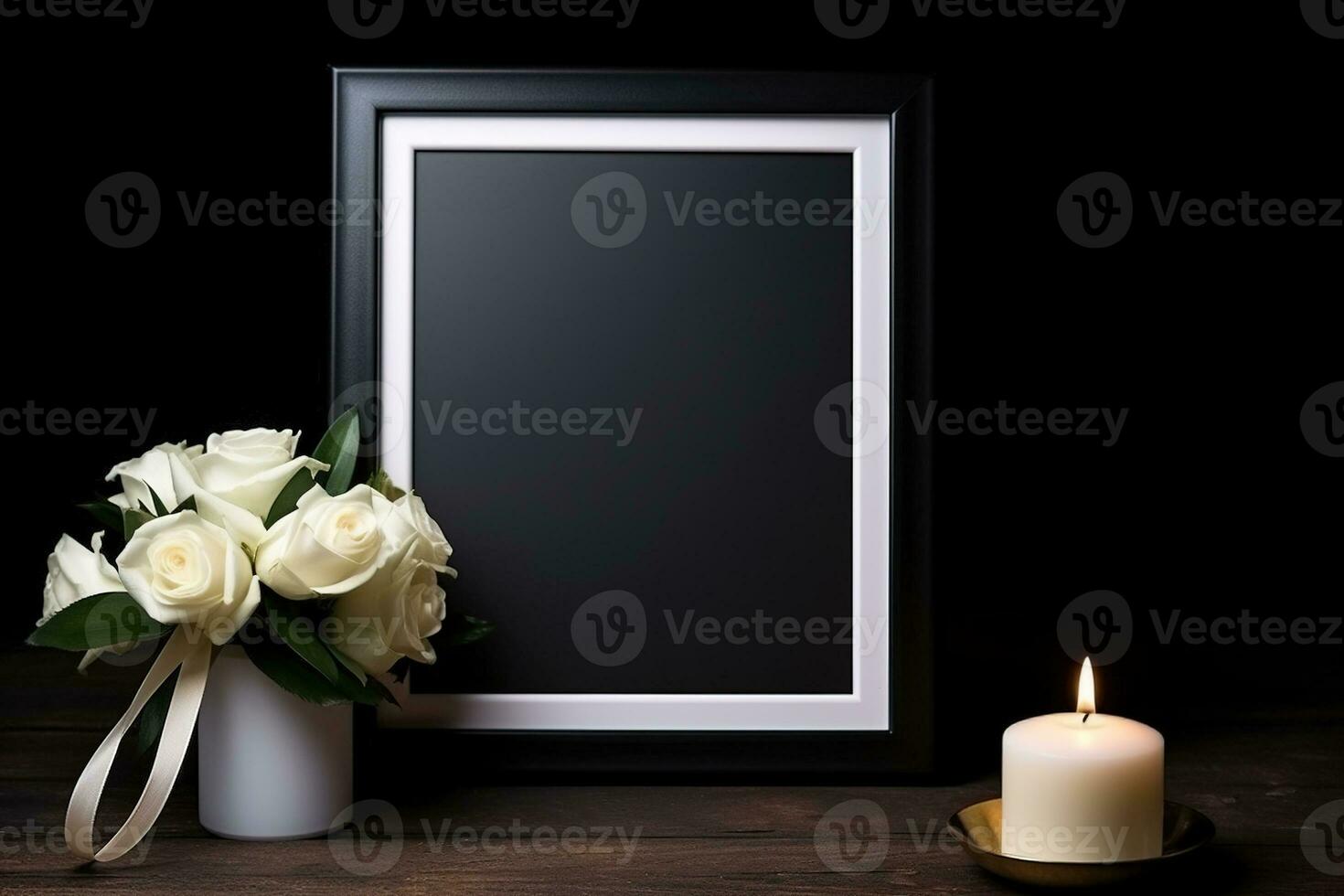 branco rosas com fita e foto quadro, Armação em Preto plano de fundo.funeral conceito ai gerado