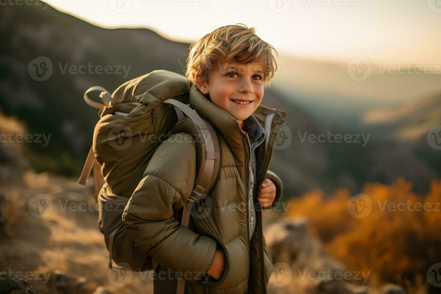 adorável pequeno Garoto com mochila caminhada dentro montanhas às pôr do sol. viagem e ativo estilo de vida conceito ai gerado foto