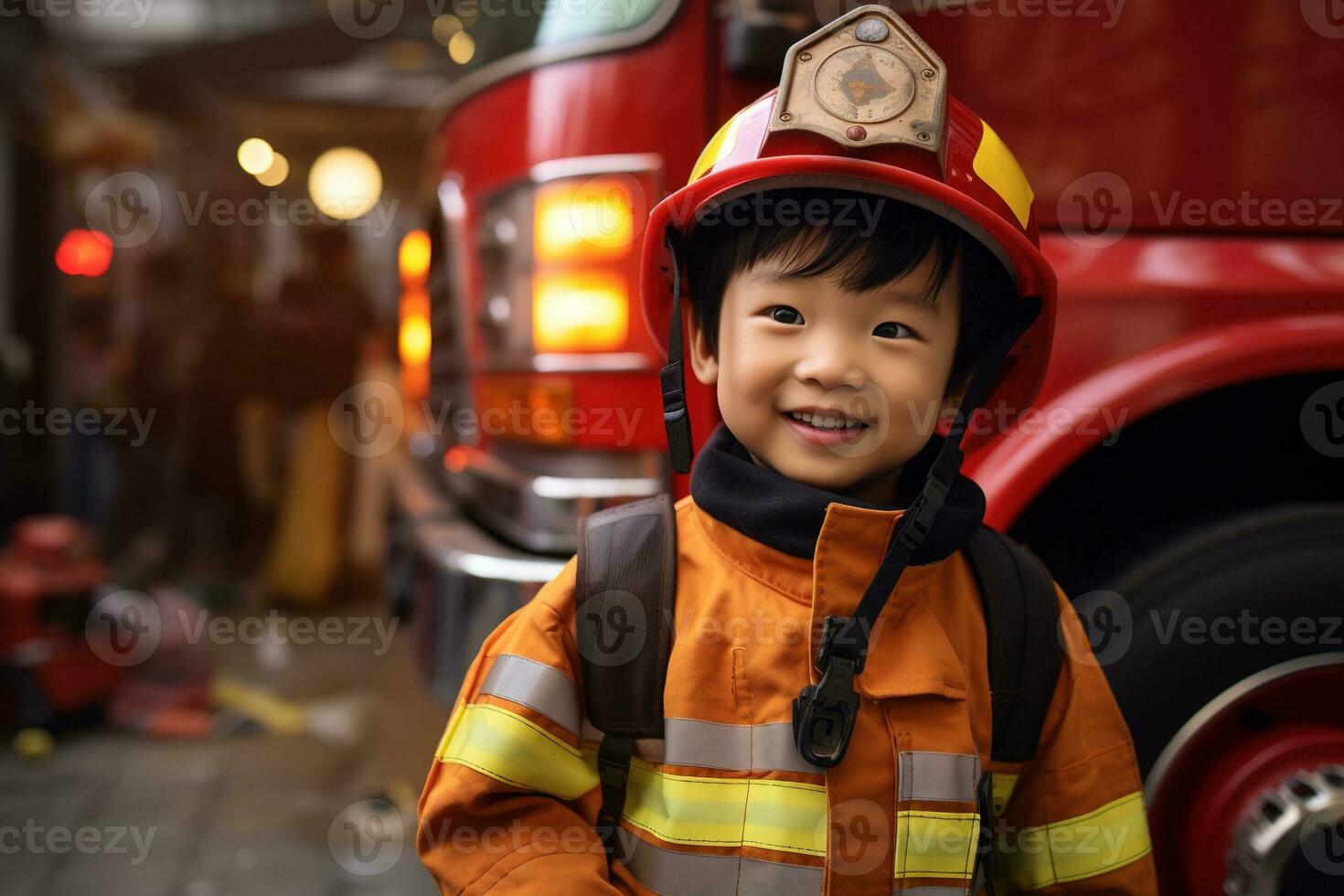 retrato do fofa pequeno Garoto vestindo bombeiro uniforme dentro a fogo departamento ai gerado foto