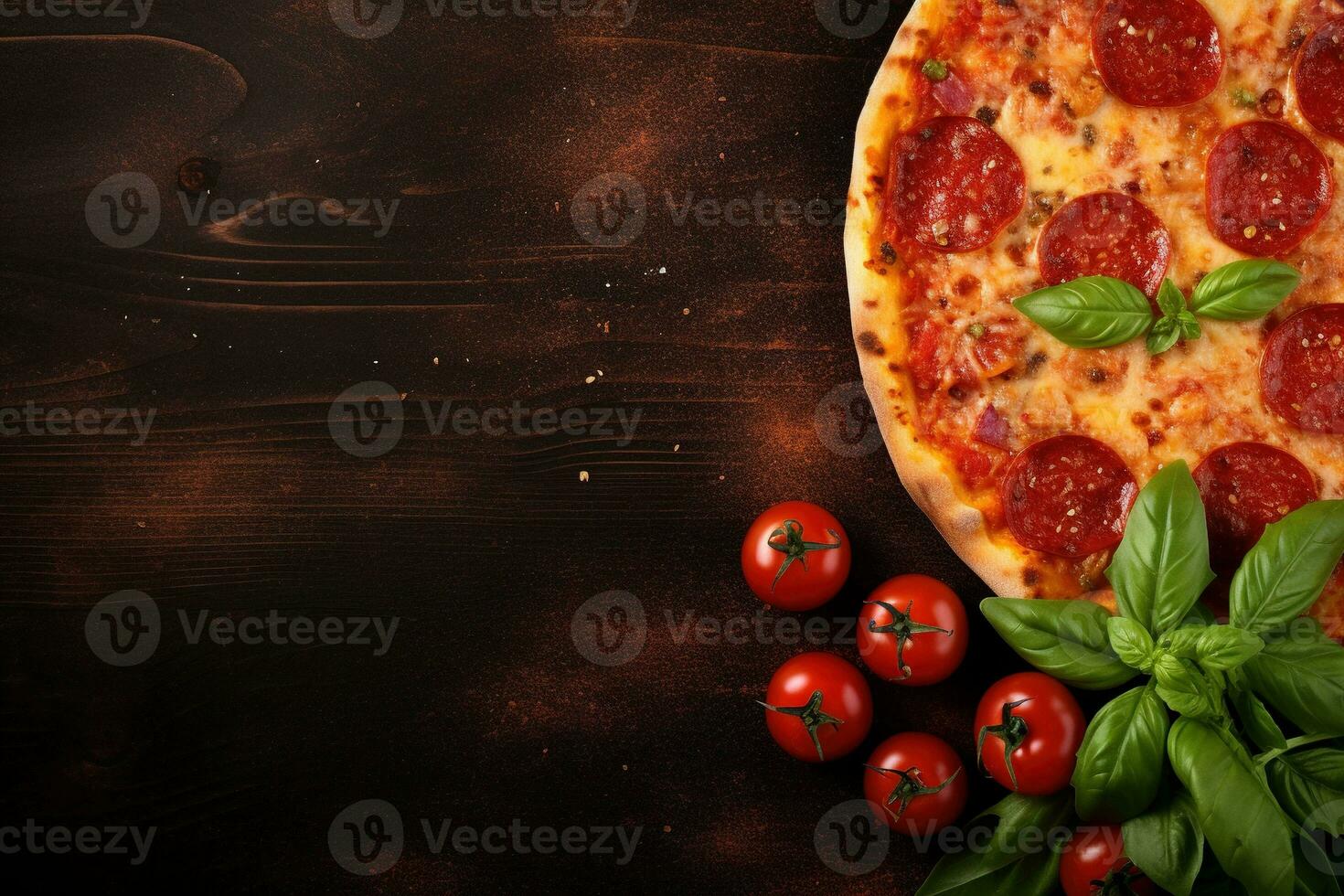 calabresa pizza em uma Sombrio fundo. topo Visão com cópia de espaço. ai gerado foto