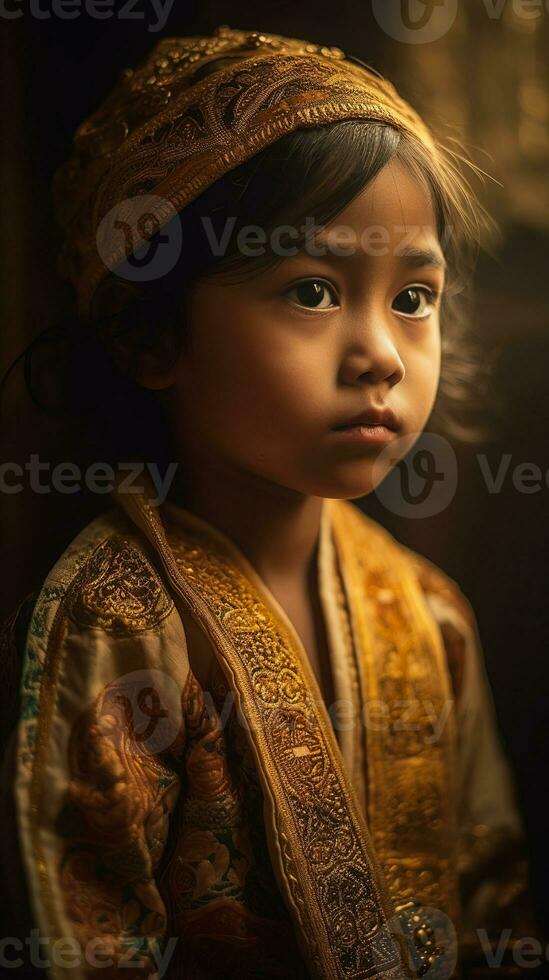 lindo pequeno menina dentro tradicional indiano vestuário e uma ouro turbante, conjunto contra uma escuro, fora de foco fundo - ai generativo foto