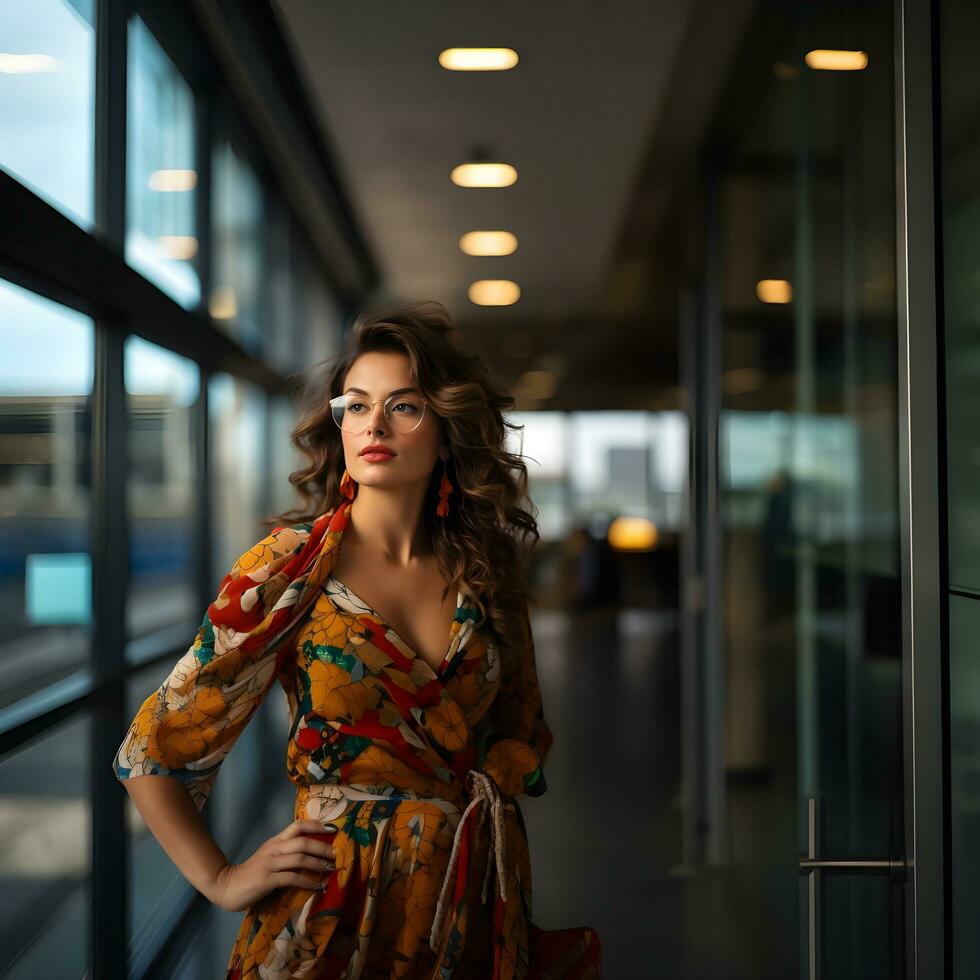 uma colombiano mulher dentro uma floral vestir em pé dentro a escritório. ai generativo foto