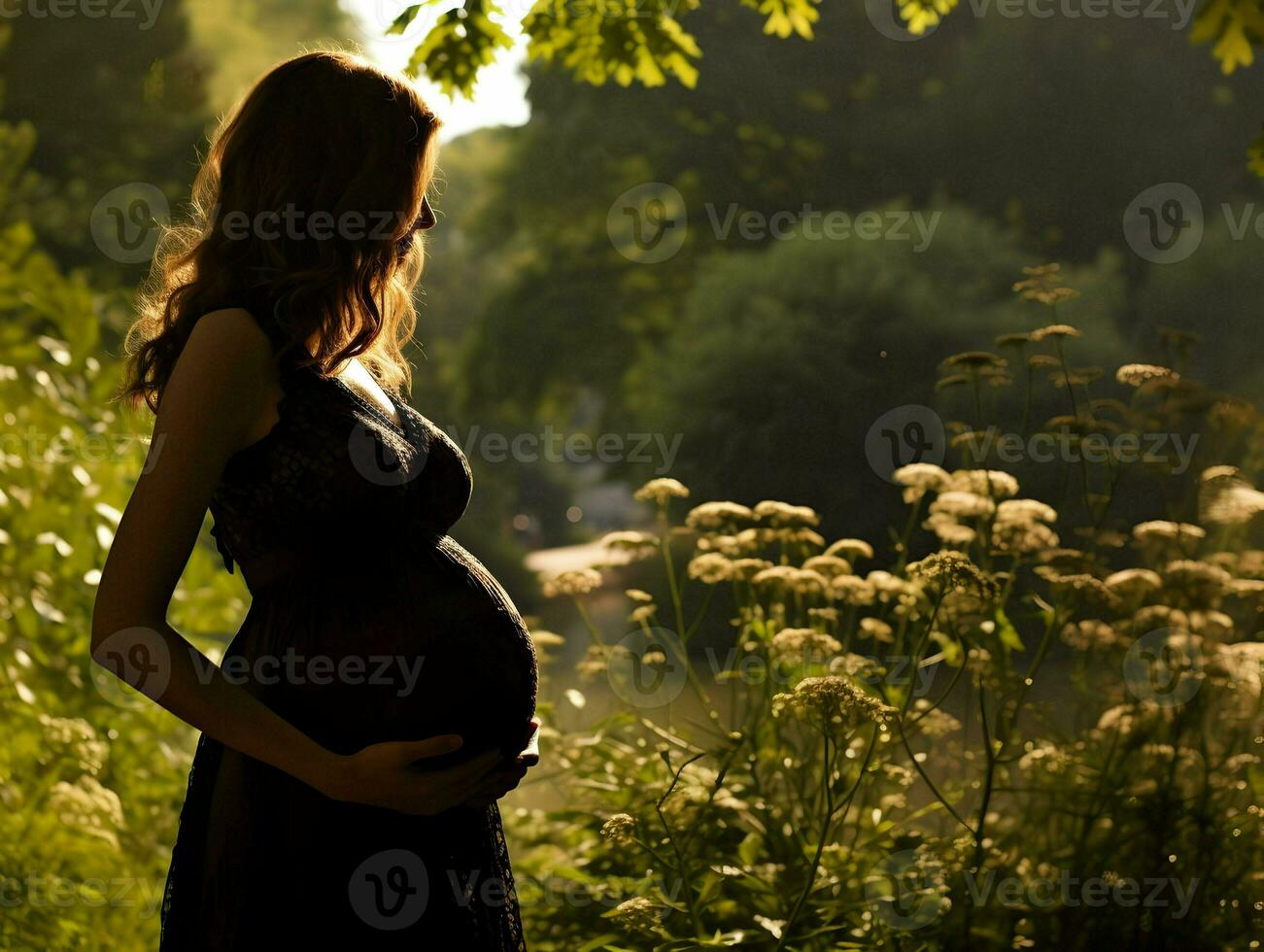 silhueta do uma grávida mulher dentro a parque. alta resolução. ai generativo foto