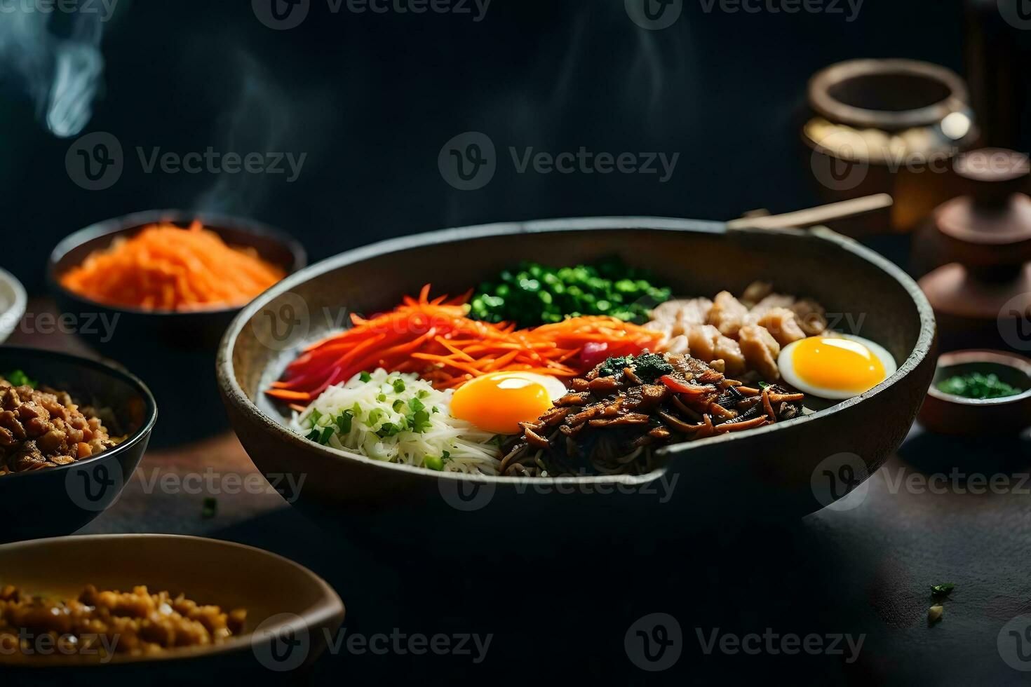 a Câmera é obtendo mais perto para mostrar uma delicioso e popular coreano prato nomeado bibimbap às vezes, isto pode estar difícil para Compreendo o que é indo em ou porque alguma coisa é acontecendo ai gerado foto