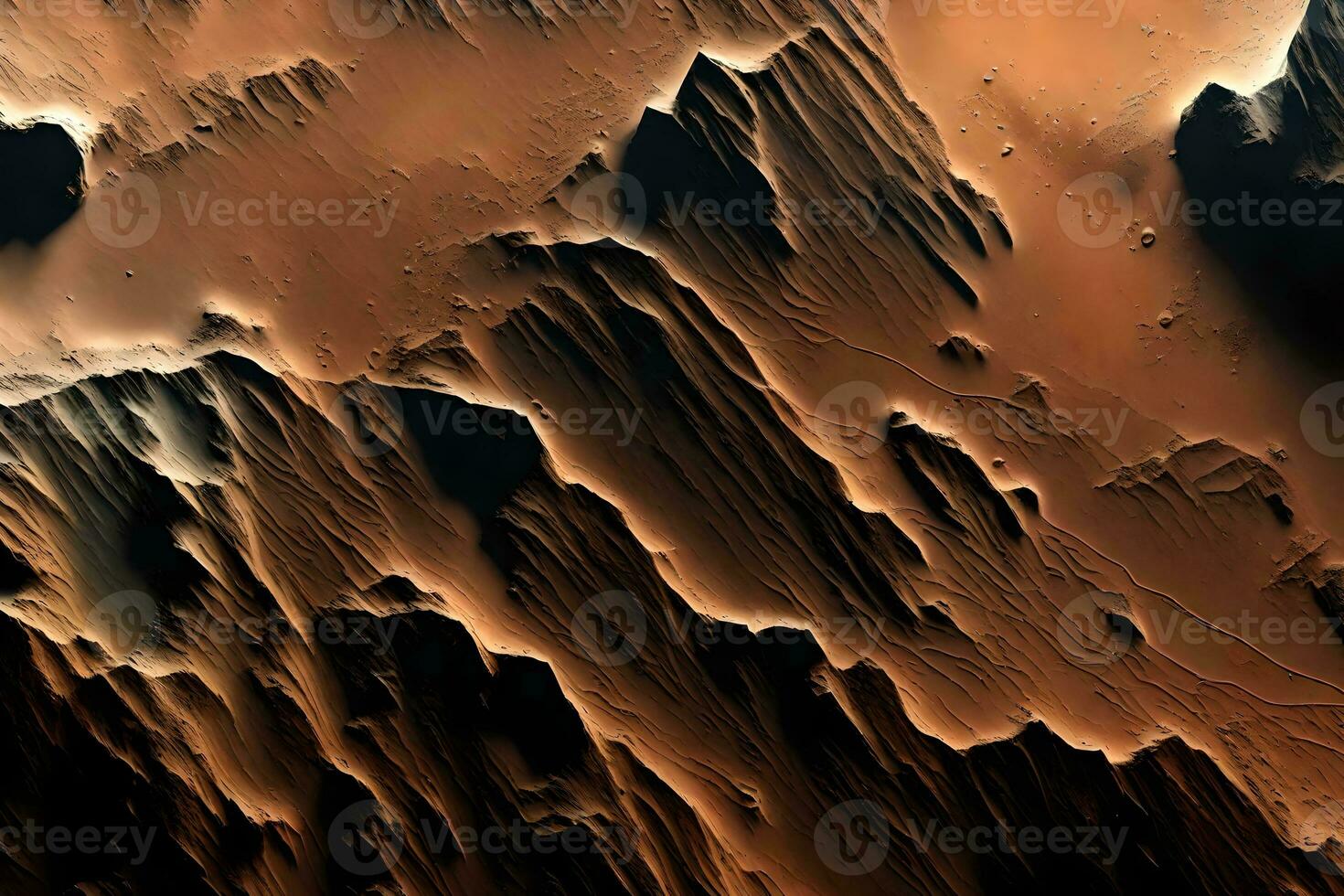 a irregular e desigual terra com profundo buracos dentro vales marineris em Marte parece muito bonita quando visto a partir de espaço ai gerado foto