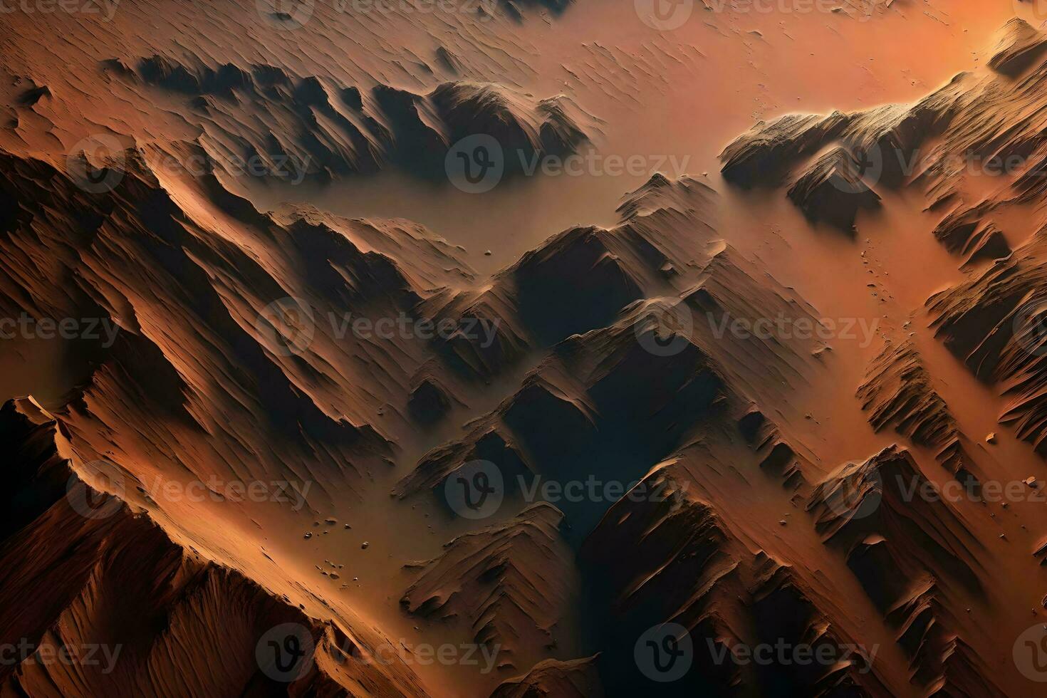 uma tirar o fôlego vista do a rochoso panorama e profundo vales do vales marineris em Marte Como visto a partir de espaço ai gerado foto