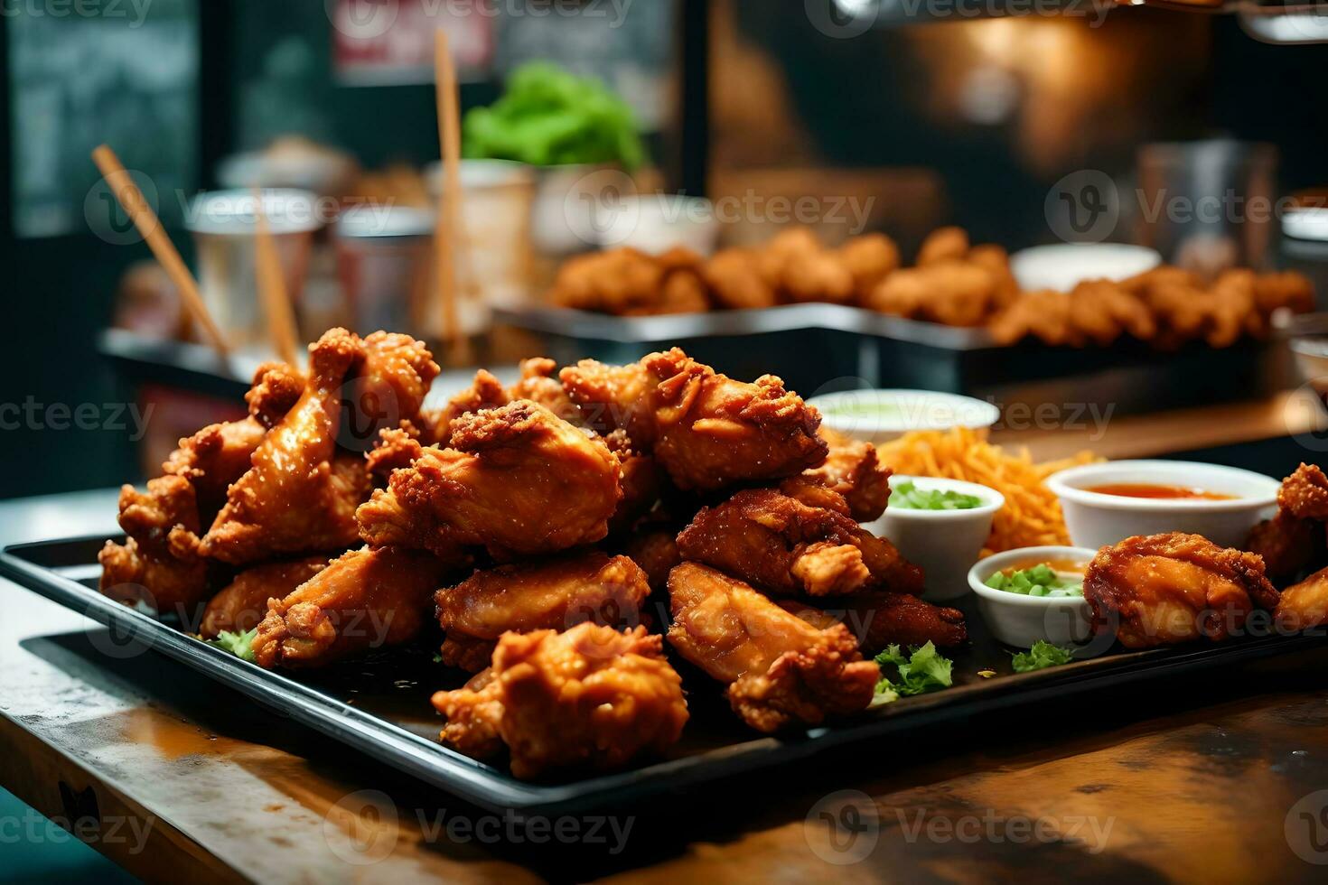 lá é uma prato do crocantes coreano frito frango sentado em uma brilhante contador do uma Comida caminhão ai gerado foto