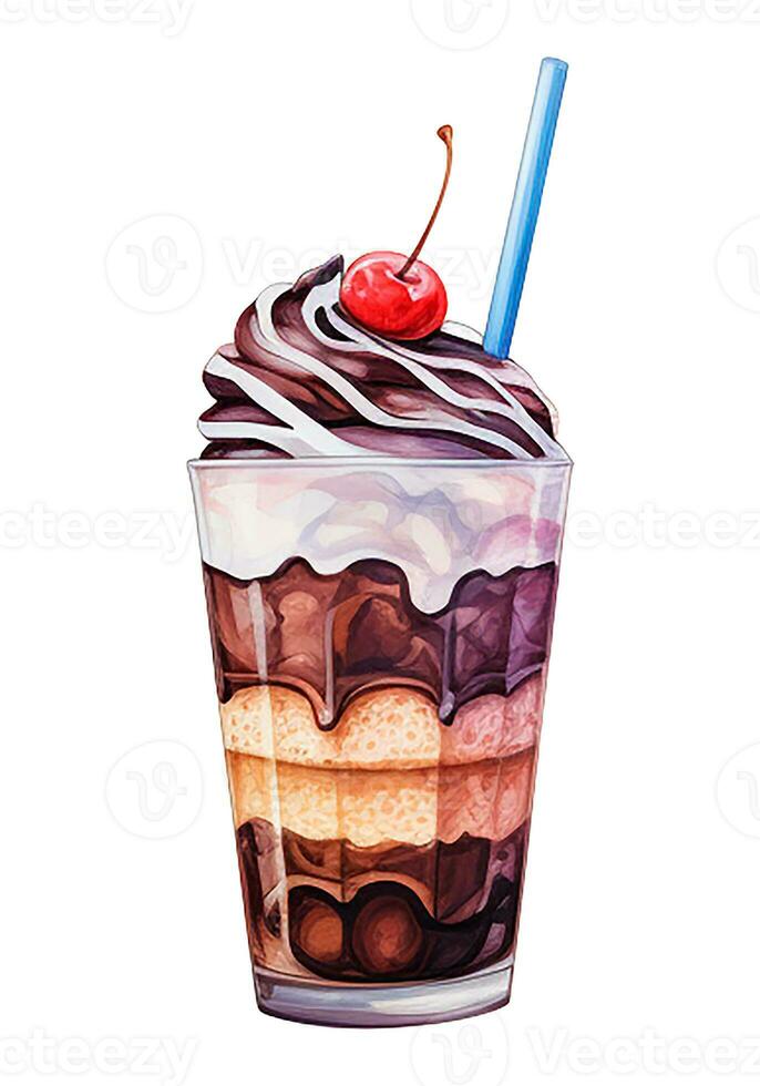 aguarela desenho, chocolate milkshake dentro uma vidro vidro. ilustração dentro vintage estilo. ai gerado foto